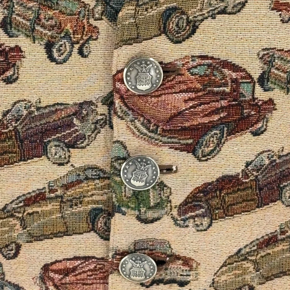 Vintage‎ Tapestry Vest Classic Cars Antique Auto Print Military Crest Buttons L